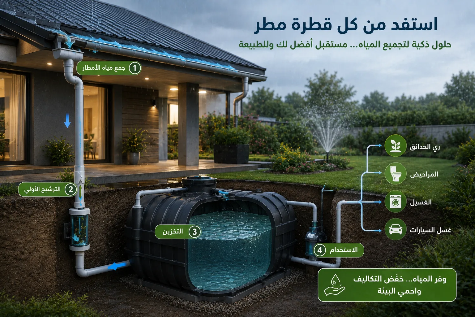 أنظمة تجميع مياه الأمطار: كيف تحول مياه الشتاء إلى مورد ثمين يخدم منزلك أو مشروعك طوال العام؟ - حلول برو